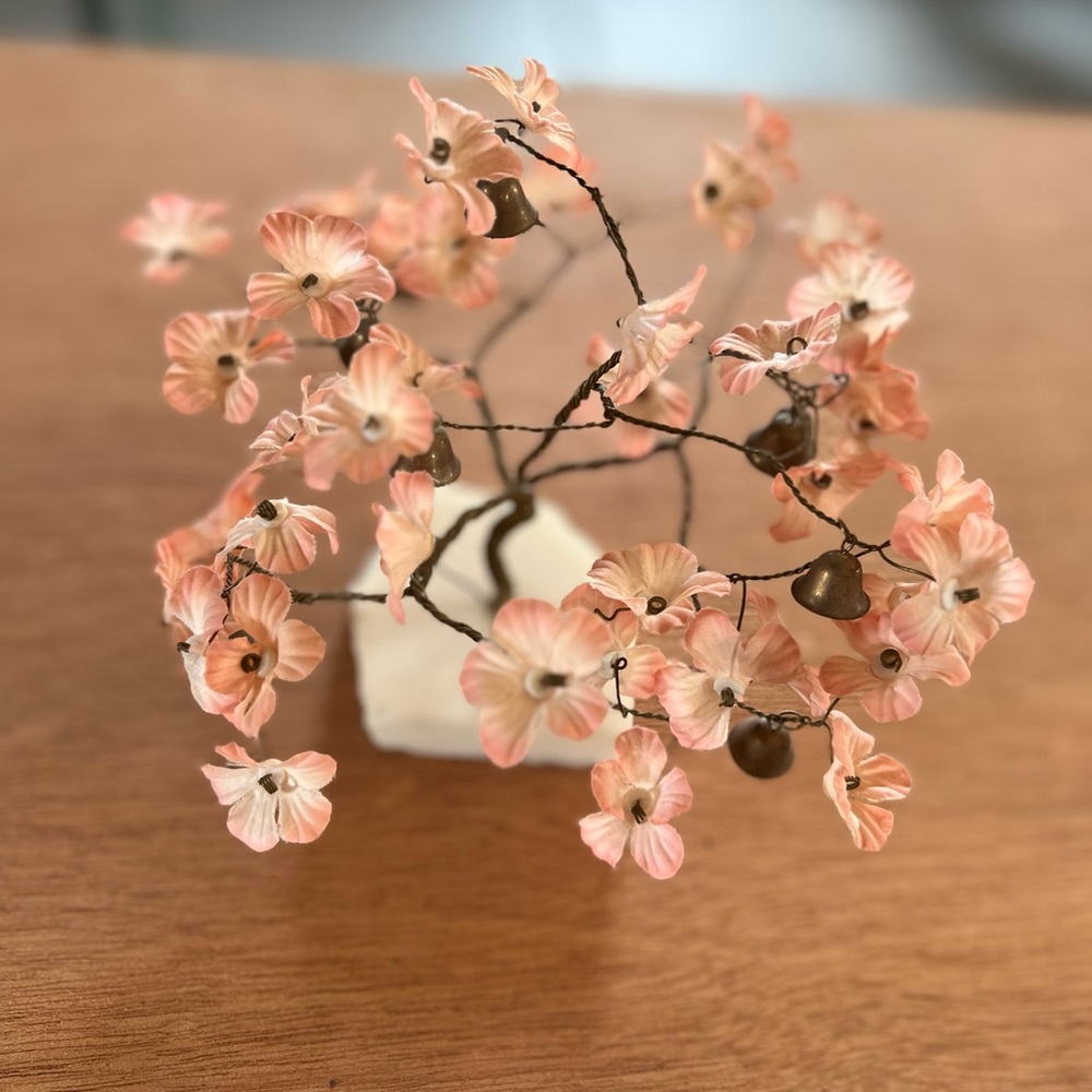 Vintage Prosperity Tree Coral Color Flowers w/ Brass Bells, Marble Base